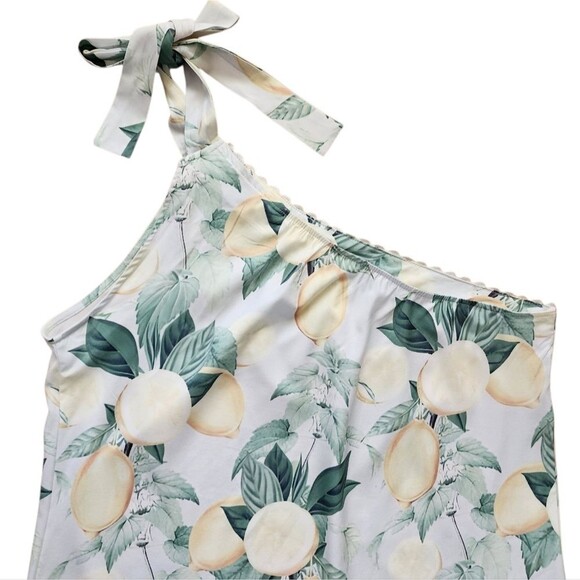 Maxi Dress Sz L Green Yellow Lemons One Shoulder Tiered Rick Rack Trim Summer - Picture 2 of 10